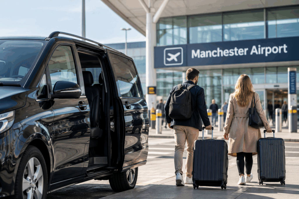 Passengers arriving at Manchester Airport for a private transfer to Liverpool