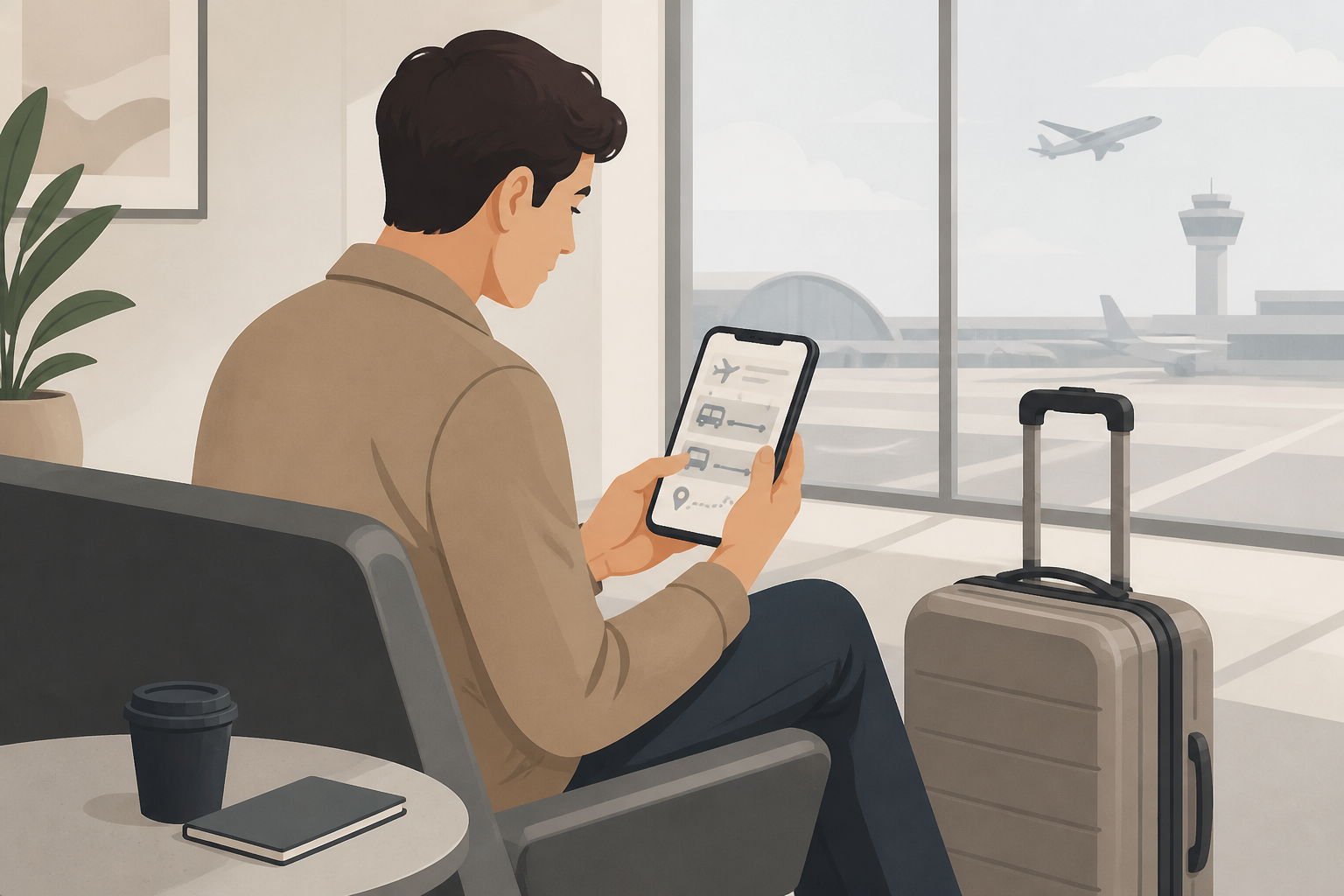 Traveller checking flight and airport transfer details before a trip